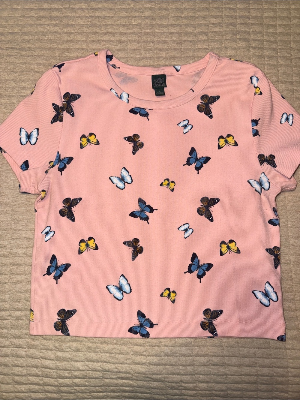Wild Fable Pink Short Sleeve Crop Tee with Multicolor Butterfly Print